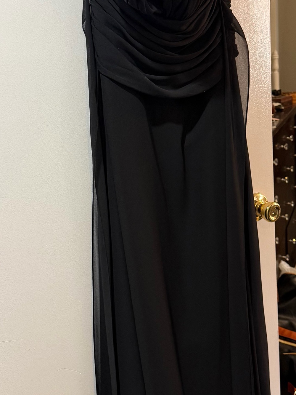 Elegant Black Gown with Ruched Overlay